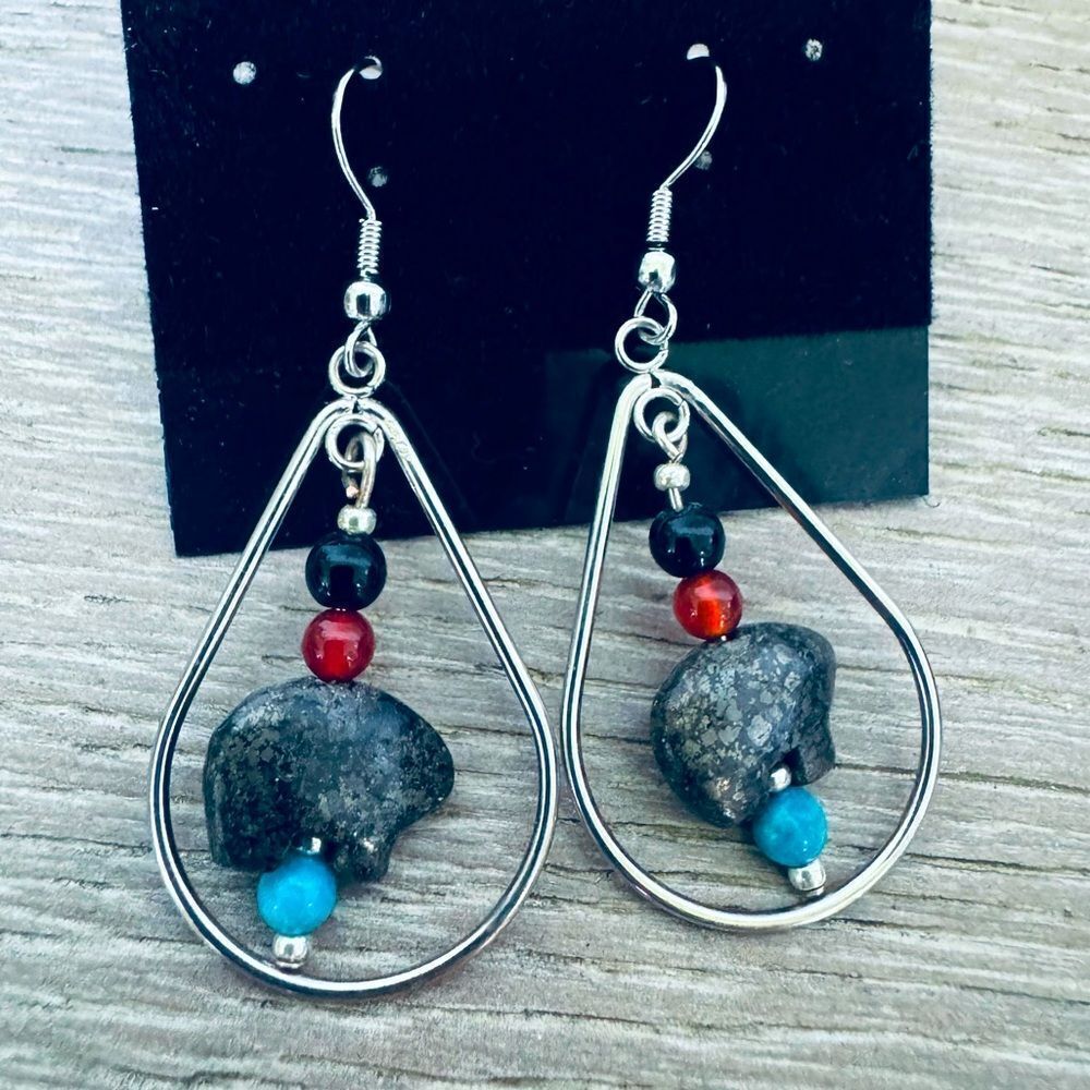 Silver Teardrop Stone BearβBeaded Earrings